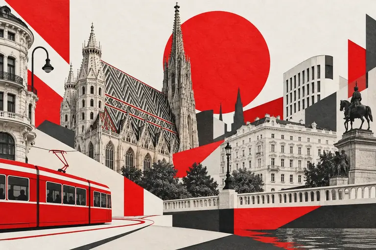 KI-generierte Wien-Collage mit Stephansdom, Stadtarchitektur und roter Straßenbahn