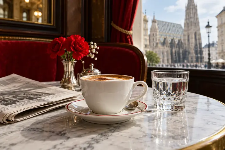 KI-generierte Designstudie: Kaffee und Wasserglas in einem Wiener Kaffeehaus